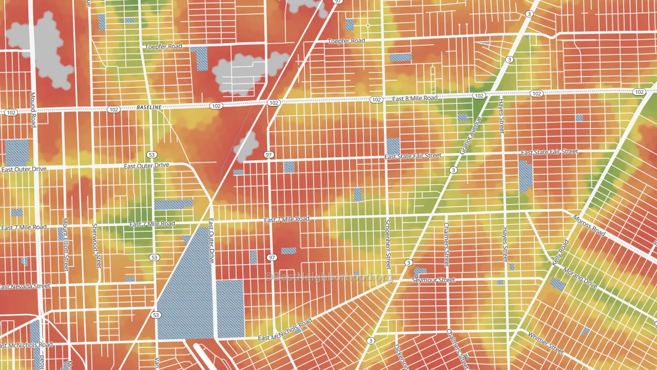 Walk Grade map of Pulaski, Detroit, MI, walkable areas in green and car-dependent areas in red
