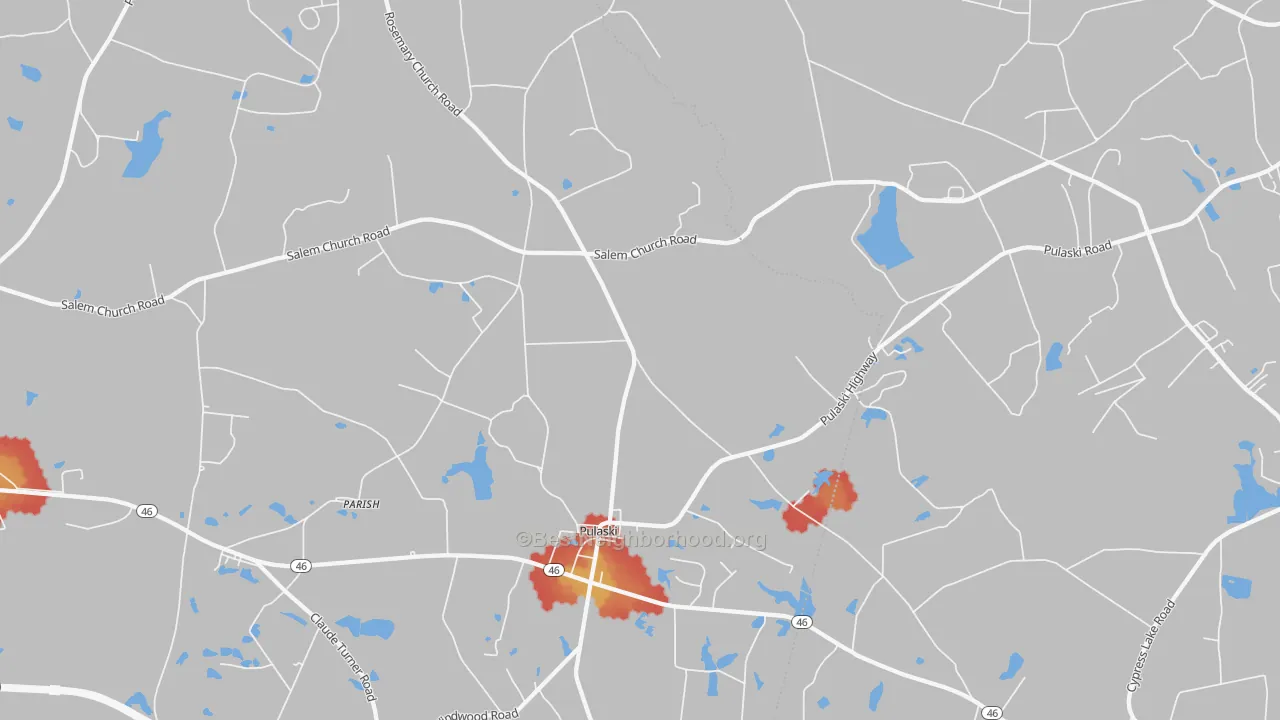 Walk Grade map of Pulaski, GA, walkable areas in green and car-dependent areas in red