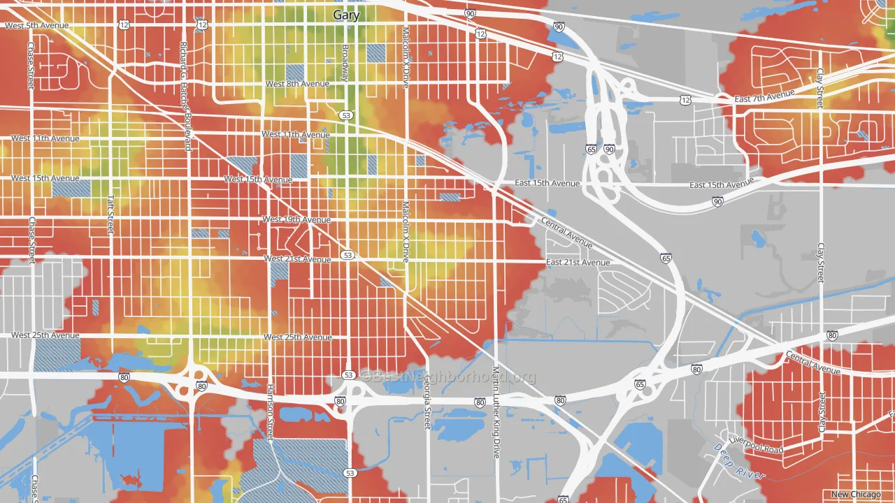 Walk Grade map of Pulaski, Gary, IN, walkable areas in green and car-dependent areas in red
