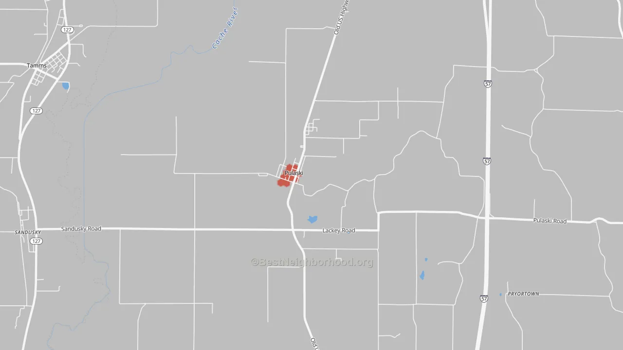 Walk Grade map of Pulaski, IL, walkable areas in green and car-dependent areas in red