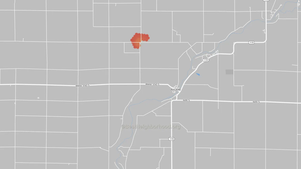 Walk Grade map of Pulaski, IN, walkable areas in green and car-dependent areas in red