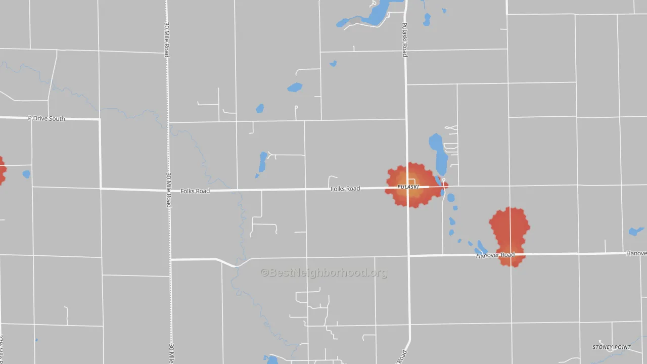 Walk Grade map of Pulaski, MI, walkable areas in green and car-dependent areas in red