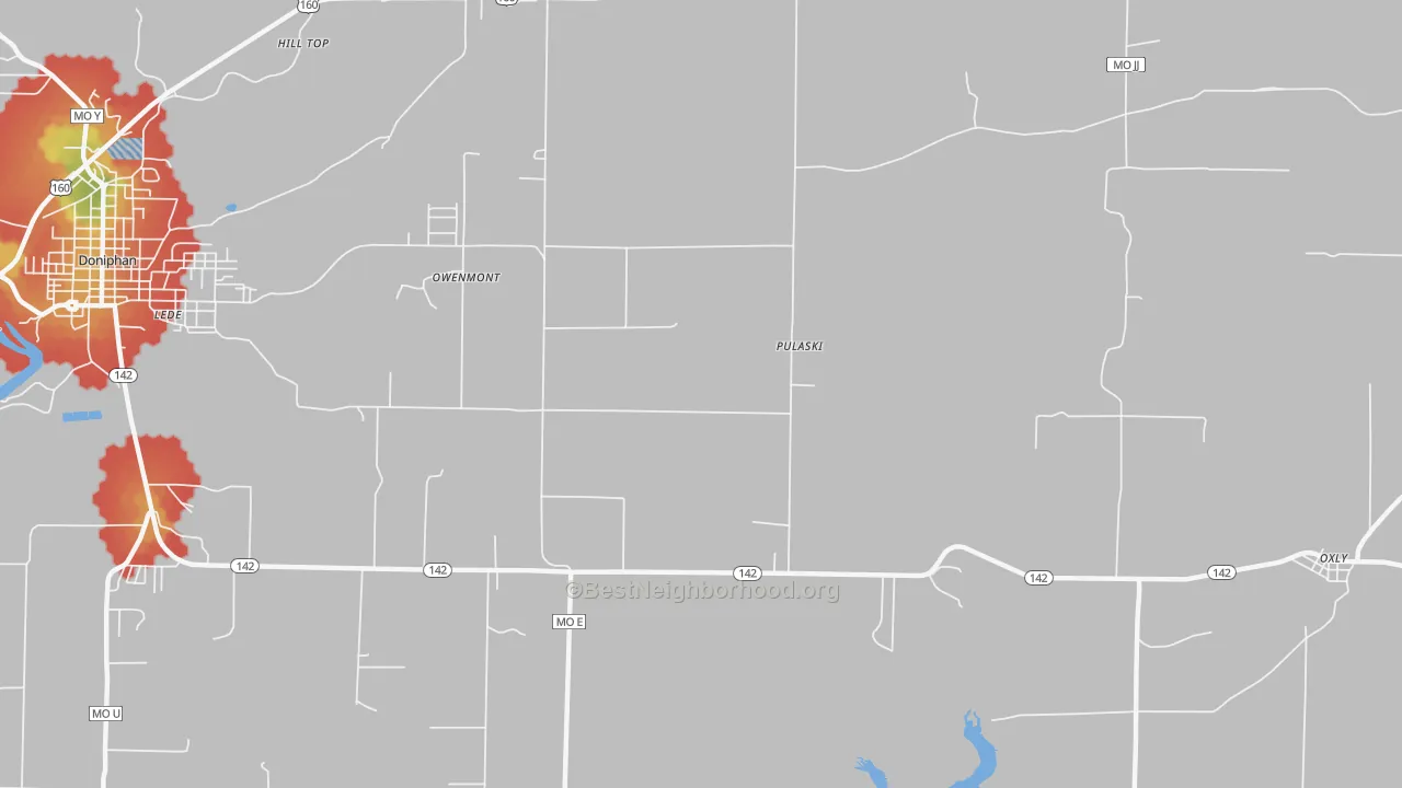 Walk Grade map of Pulaski, MO, walkable areas in green and car-dependent areas in red