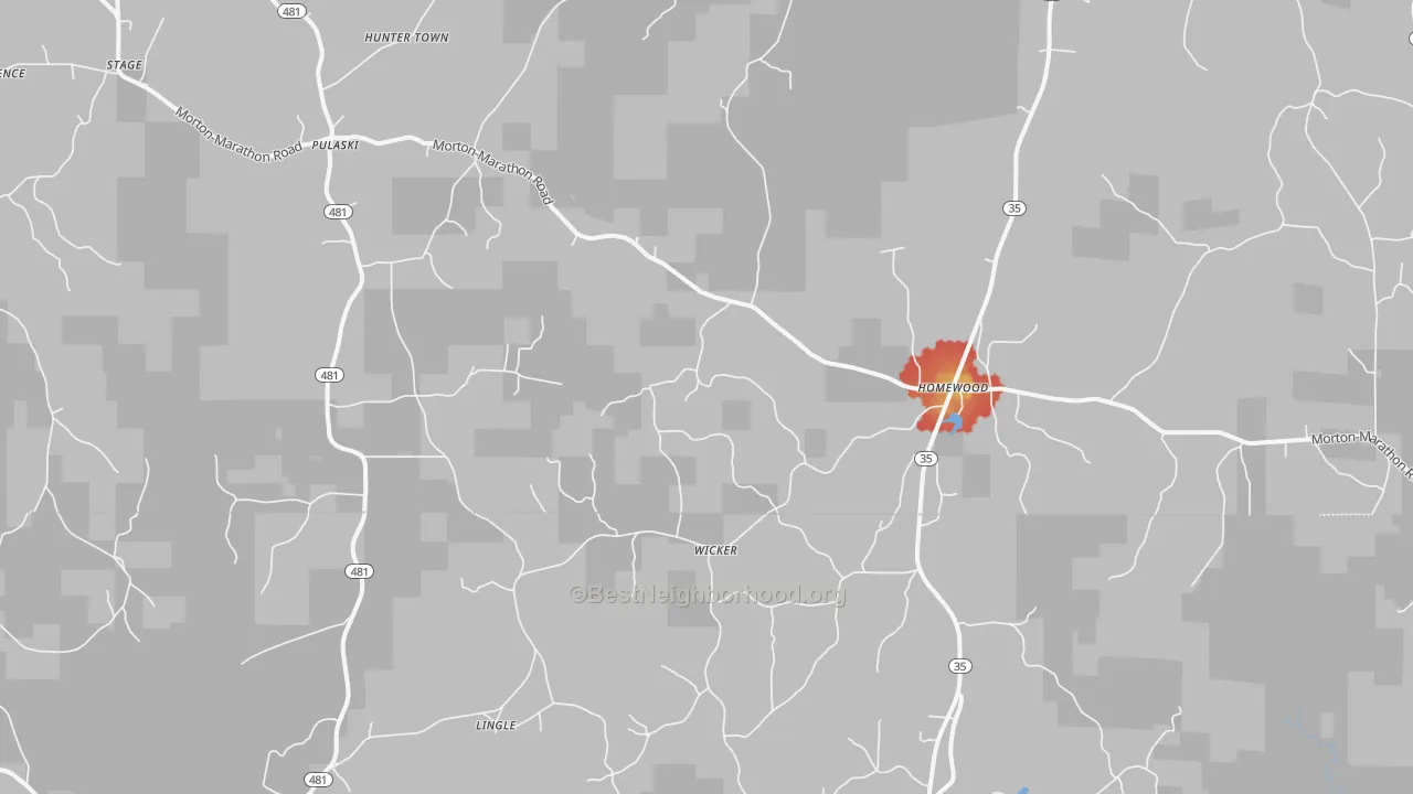 Walk Grade map of Pulaski, MS, walkable areas in green and car-dependent areas in red