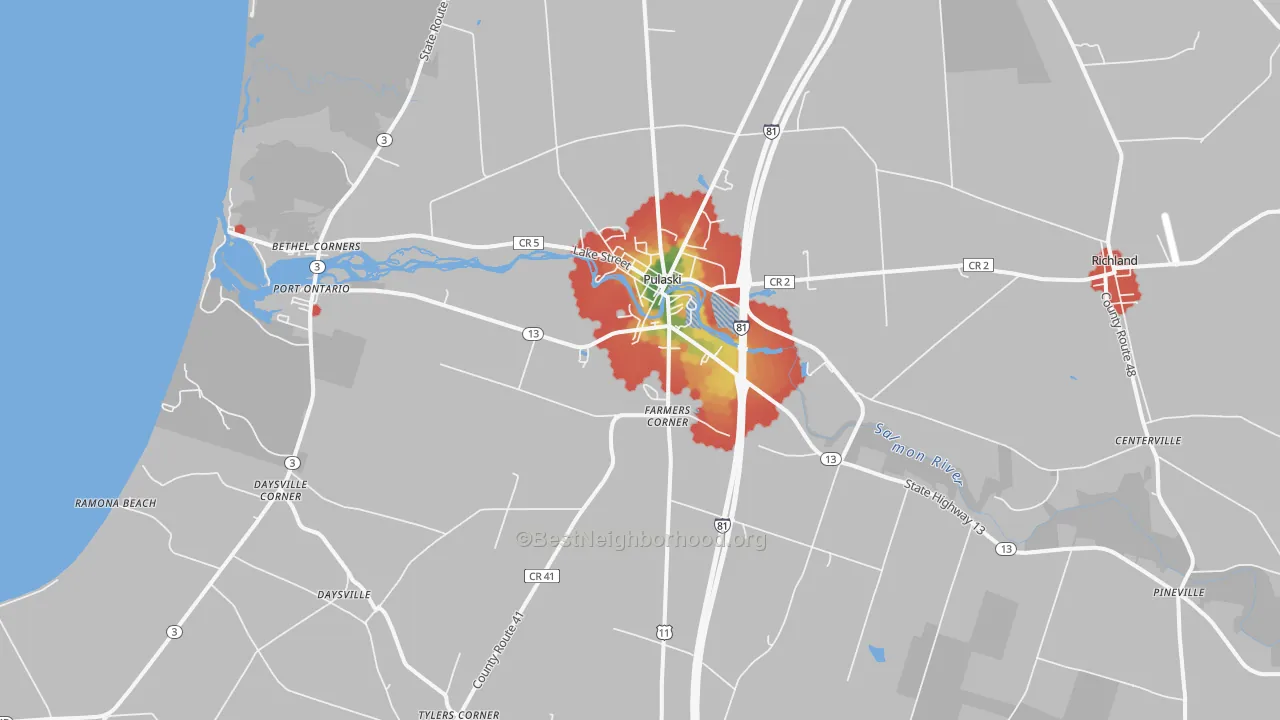 Walk Grade map of Pulaski, NY, walkable areas in green and car-dependent areas in red