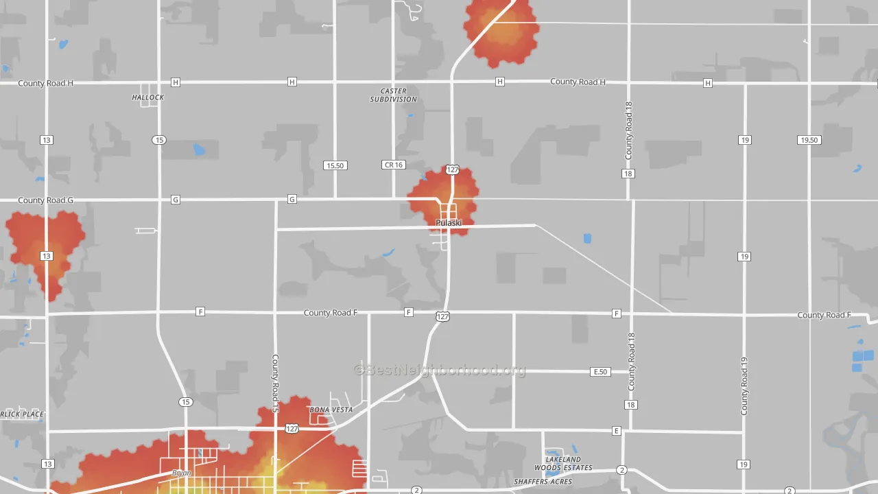 Walk Grade map of Pulaski, OH, walkable areas in green and car-dependent areas in red