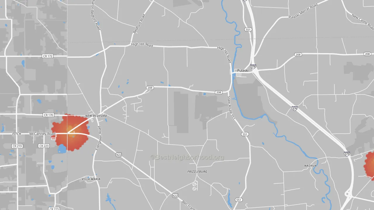 Walk Grade map of Pulaski, PA, walkable areas in green and car-dependent areas in red