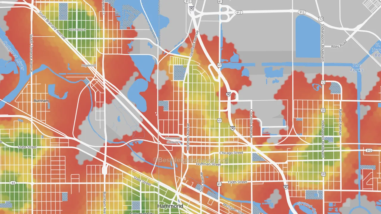 Walk Grade map of Pulaski Park, Hammond, IN, walkable areas in green and car-dependent areas in red