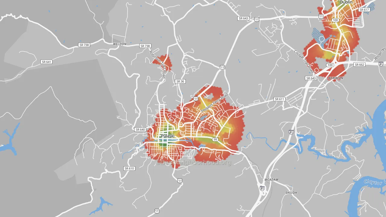 Walk Grade map of Pulaski, VA, walkable areas in green and car-dependent areas in red