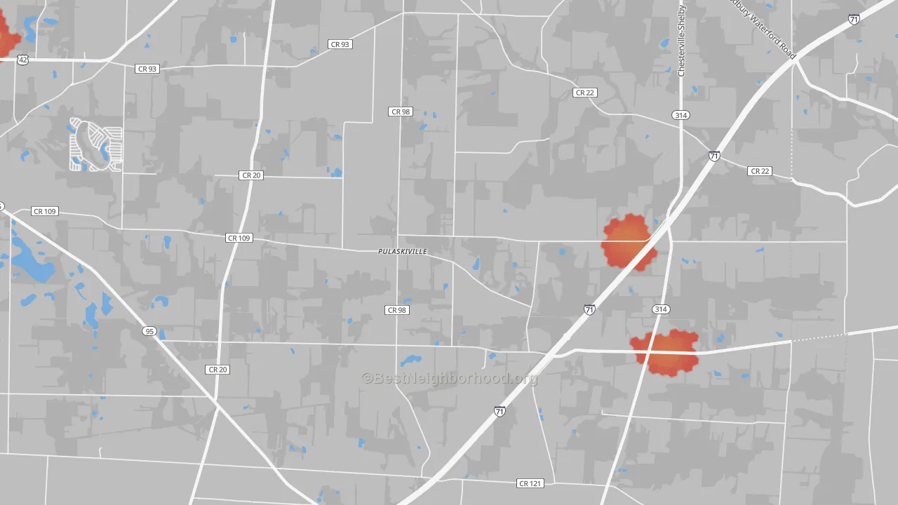 Walk Grade map of Pulaskiville, OH, walkable areas in green and car-dependent areas in red