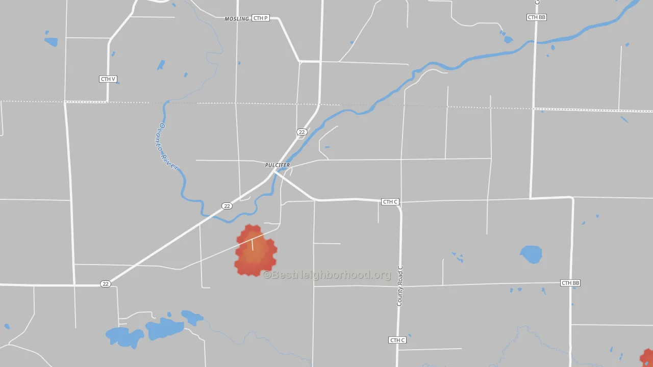 Walk Grade map of Pulcifer, WI, walkable areas in green and car-dependent areas in red
