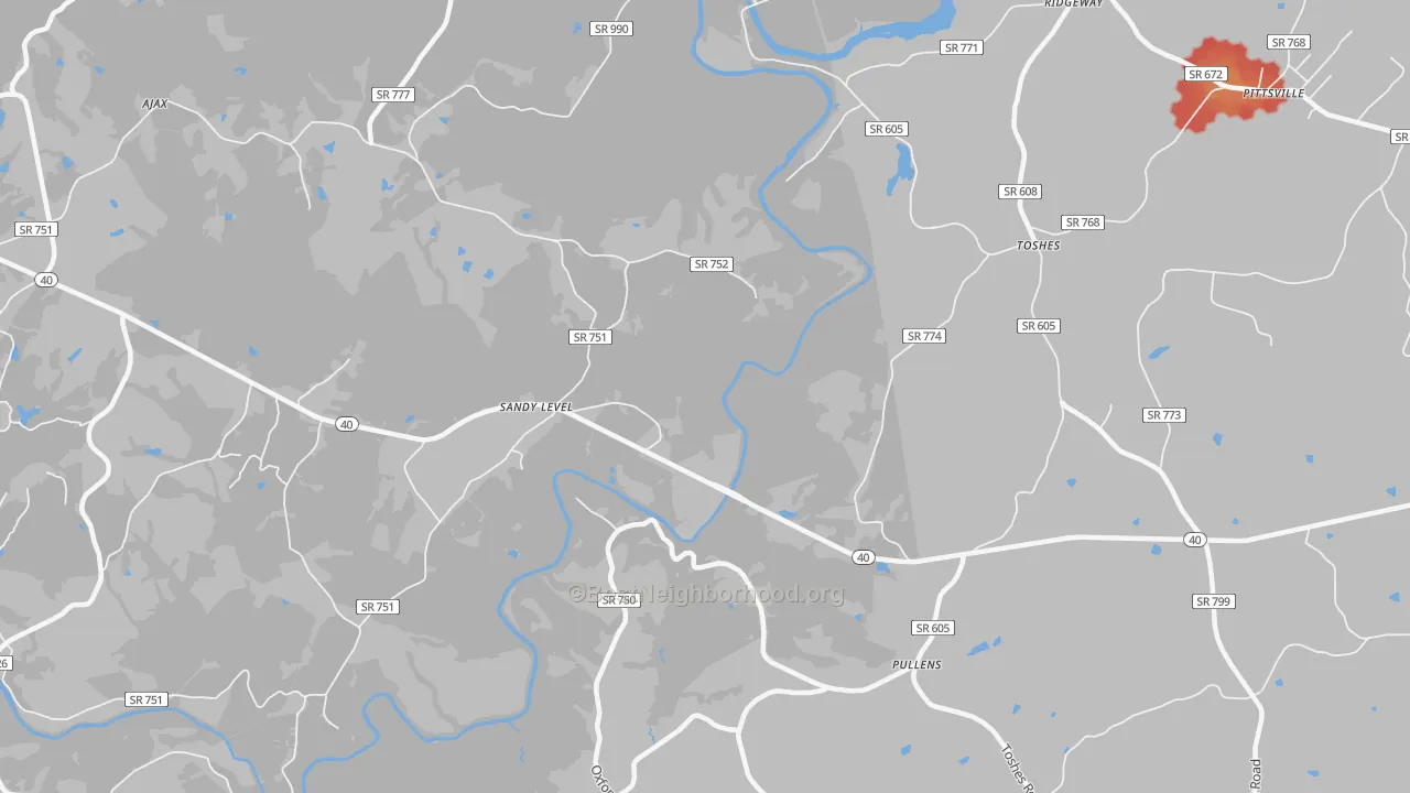 Walk Grade map of Pullens, VA, walkable areas in green and car-dependent areas in red