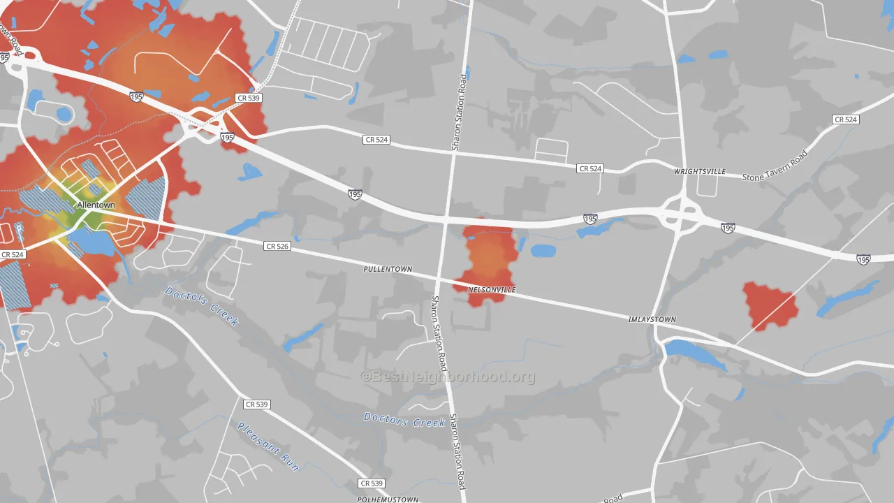 Walk Grade map of Pullentown, NJ, walkable areas in green and car-dependent areas in red