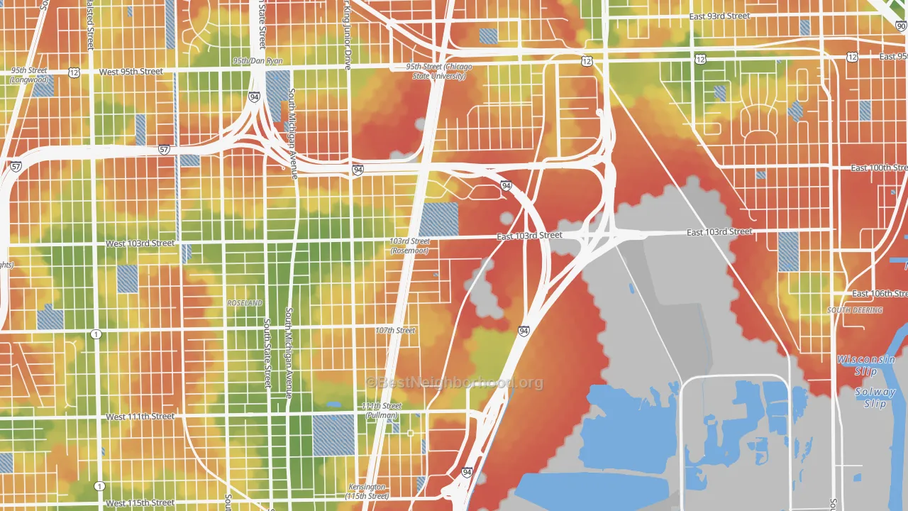 Walk Grade map of Pullman, Chicago, IL, walkable areas in green and car-dependent areas in red