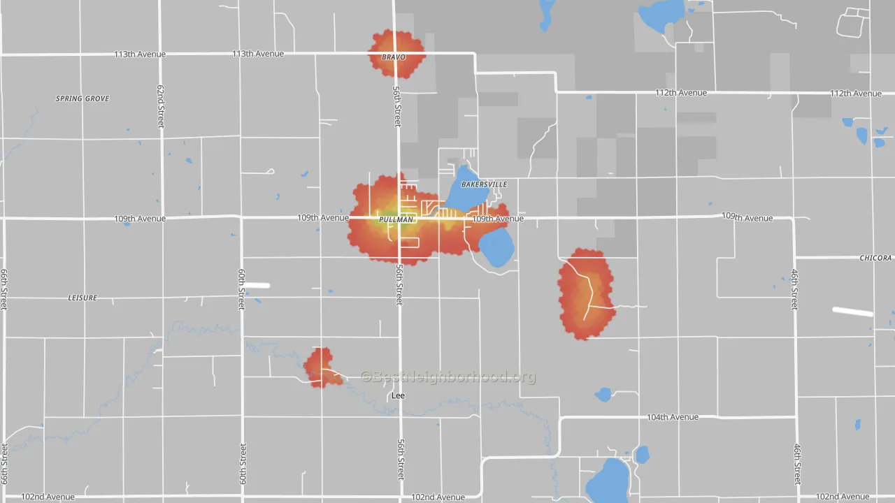 Walk Grade map of Pullman, MI, walkable areas in green and car-dependent areas in red