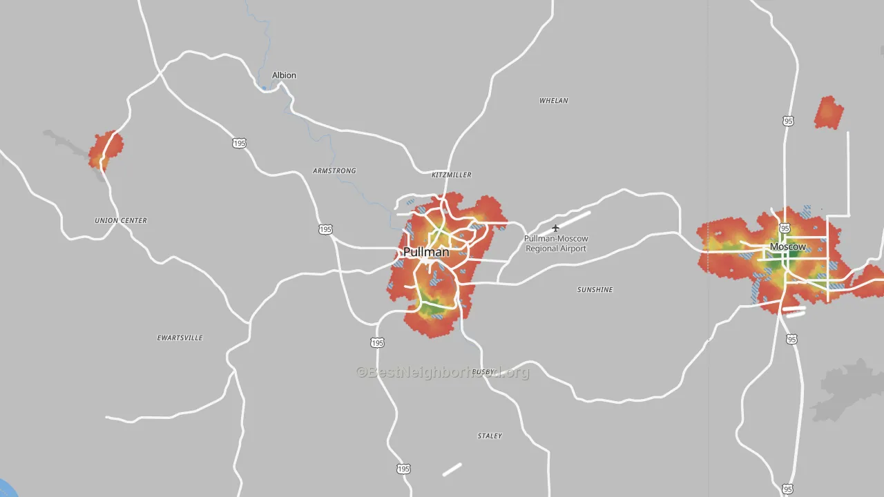 Walk Grade map of Pullman, WA, walkable areas in green and car-dependent areas in red