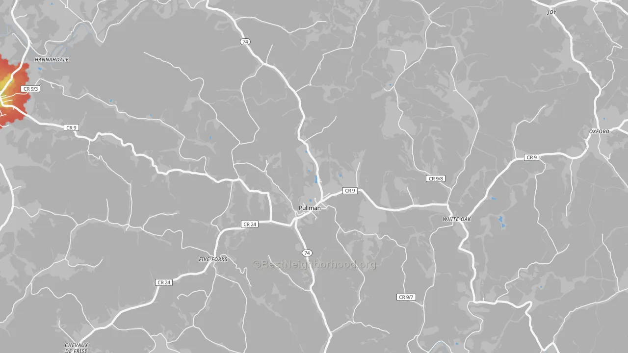 Walk Grade map of Pullman, WV, walkable areas in green and car-dependent areas in red