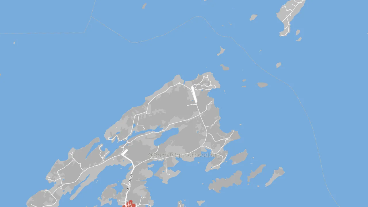 Walk Grade map of Pulpit Harbor, ME, walkable areas in green and car-dependent areas in red
