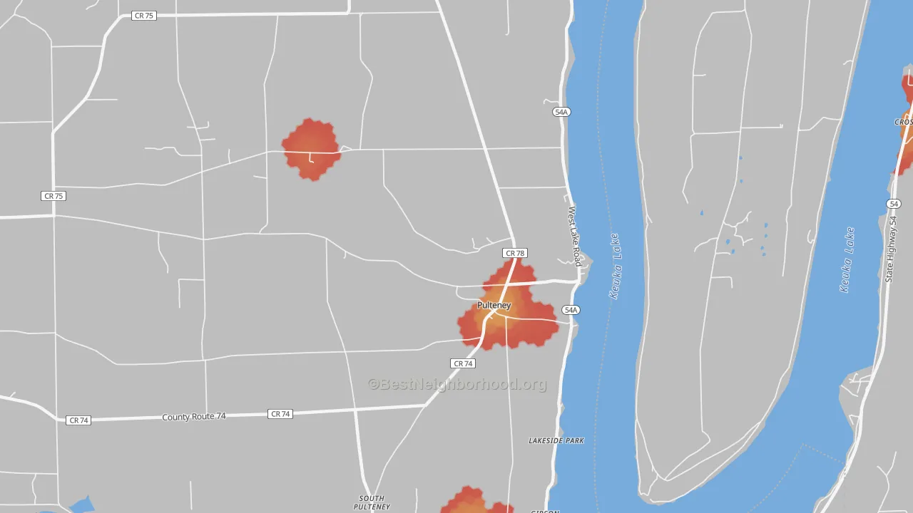 Walk Grade map of Pulteney, NY, walkable areas in green and car-dependent areas in red