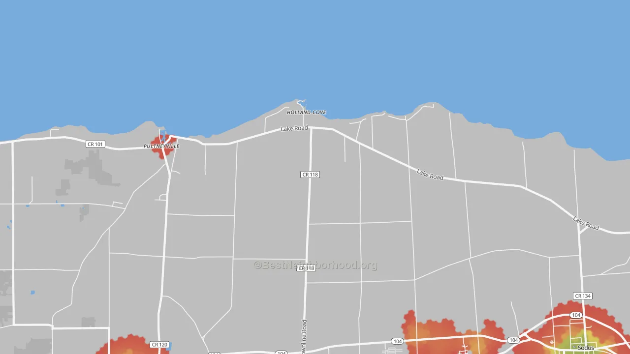 Walk Grade map of Pultneyville, NY, walkable areas in green and car-dependent areas in red