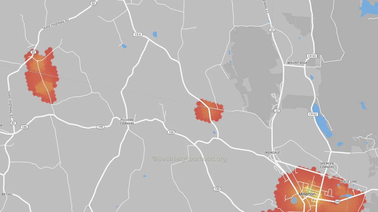 Walk Grade map of Pulvers Corners, NY, walkable areas in green and car-dependent areas in red