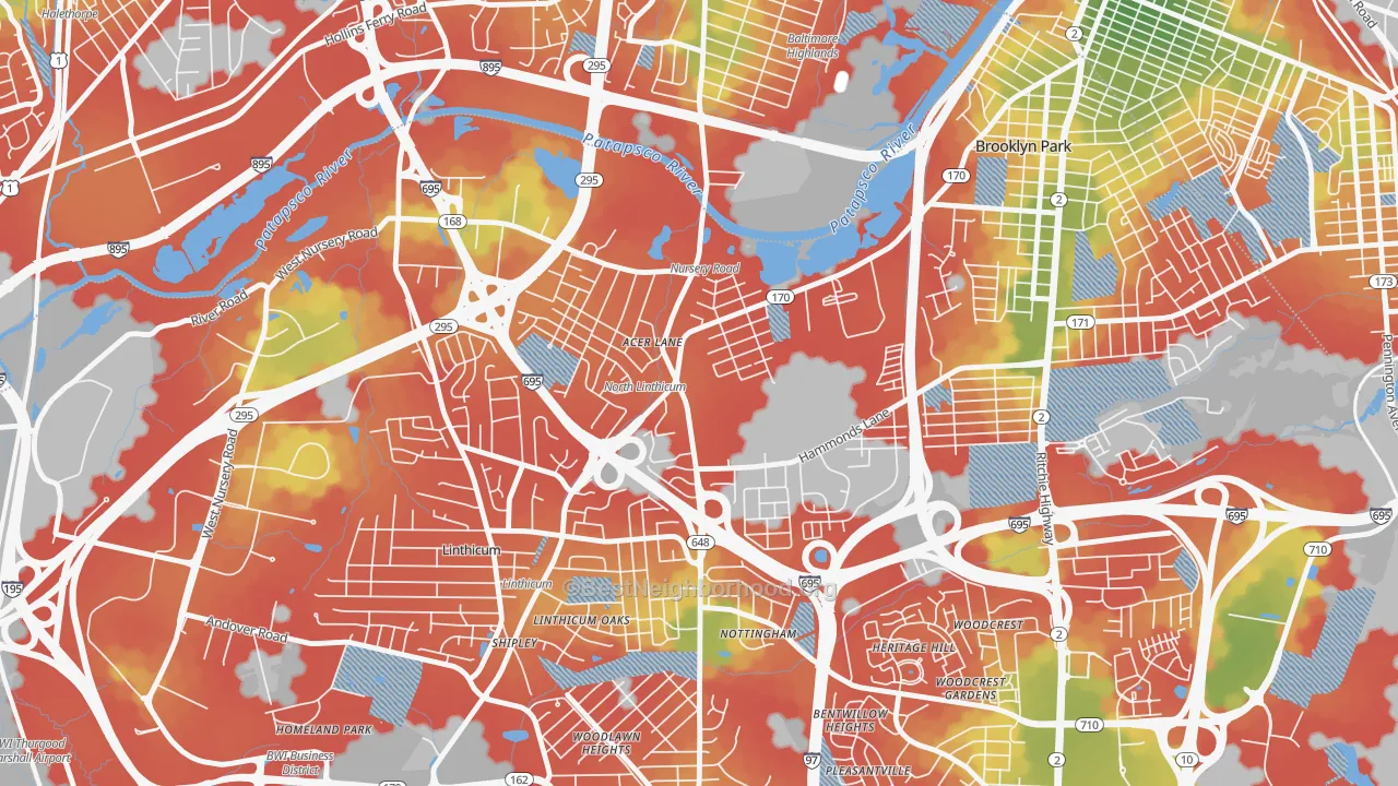 Walk Grade map of Pumphrey, Linthicum, MD, walkable areas in green and car-dependent areas in red