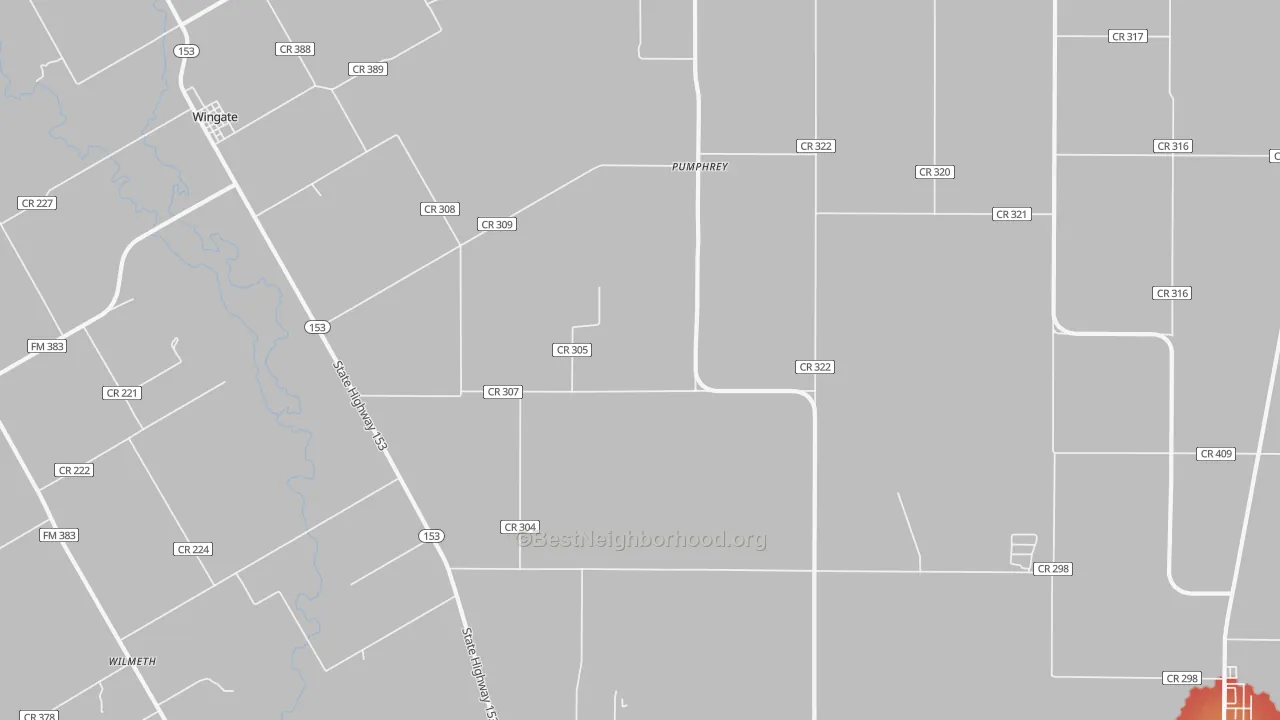 Walk Grade map of Pumphrey, TX, walkable areas in green and car-dependent areas in red