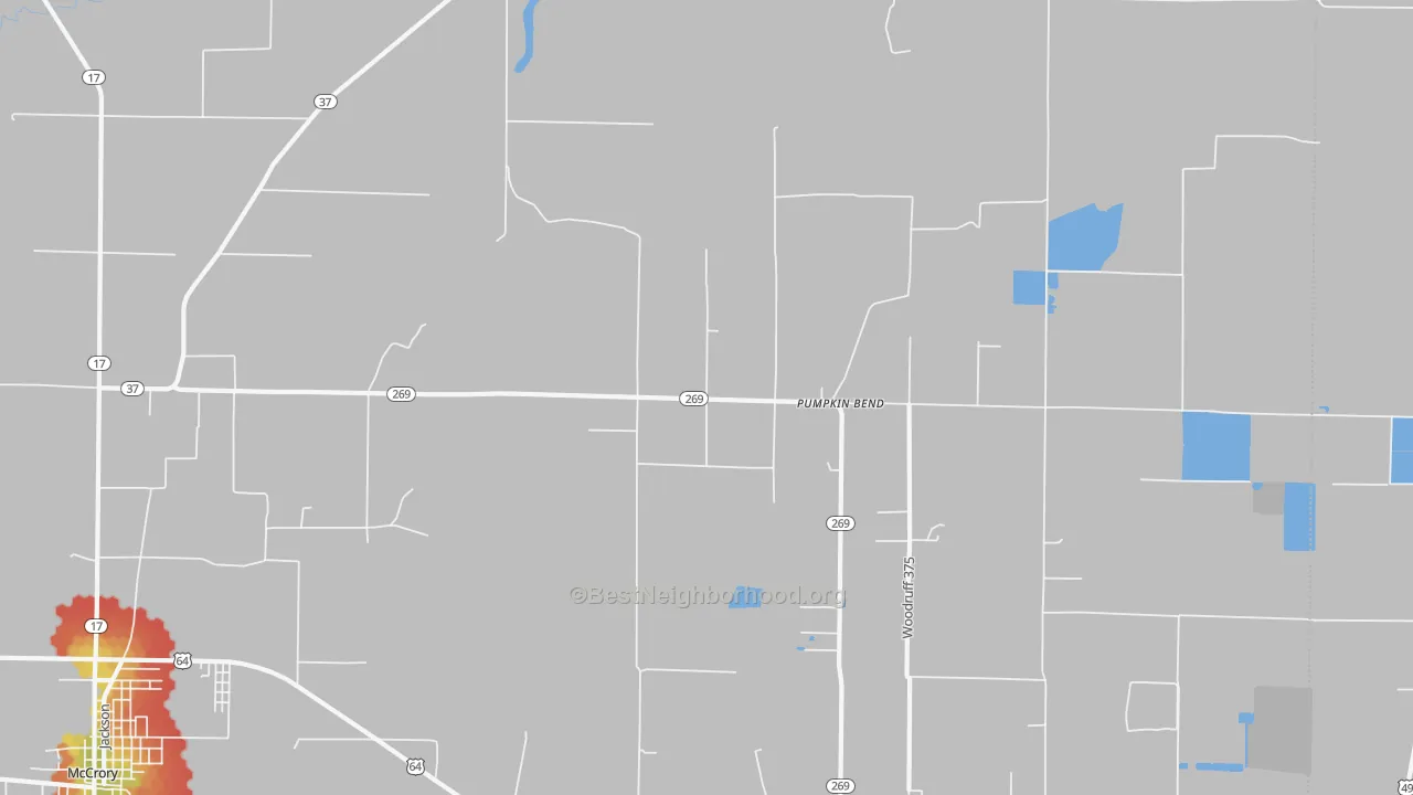 Walk Grade map of Pumpkin Bend, AR, walkable areas in green and car-dependent areas in red