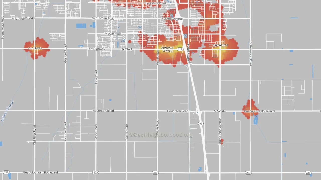 Walk Grade map of Pumpkin Center, CA, walkable areas in green and car-dependent areas in red