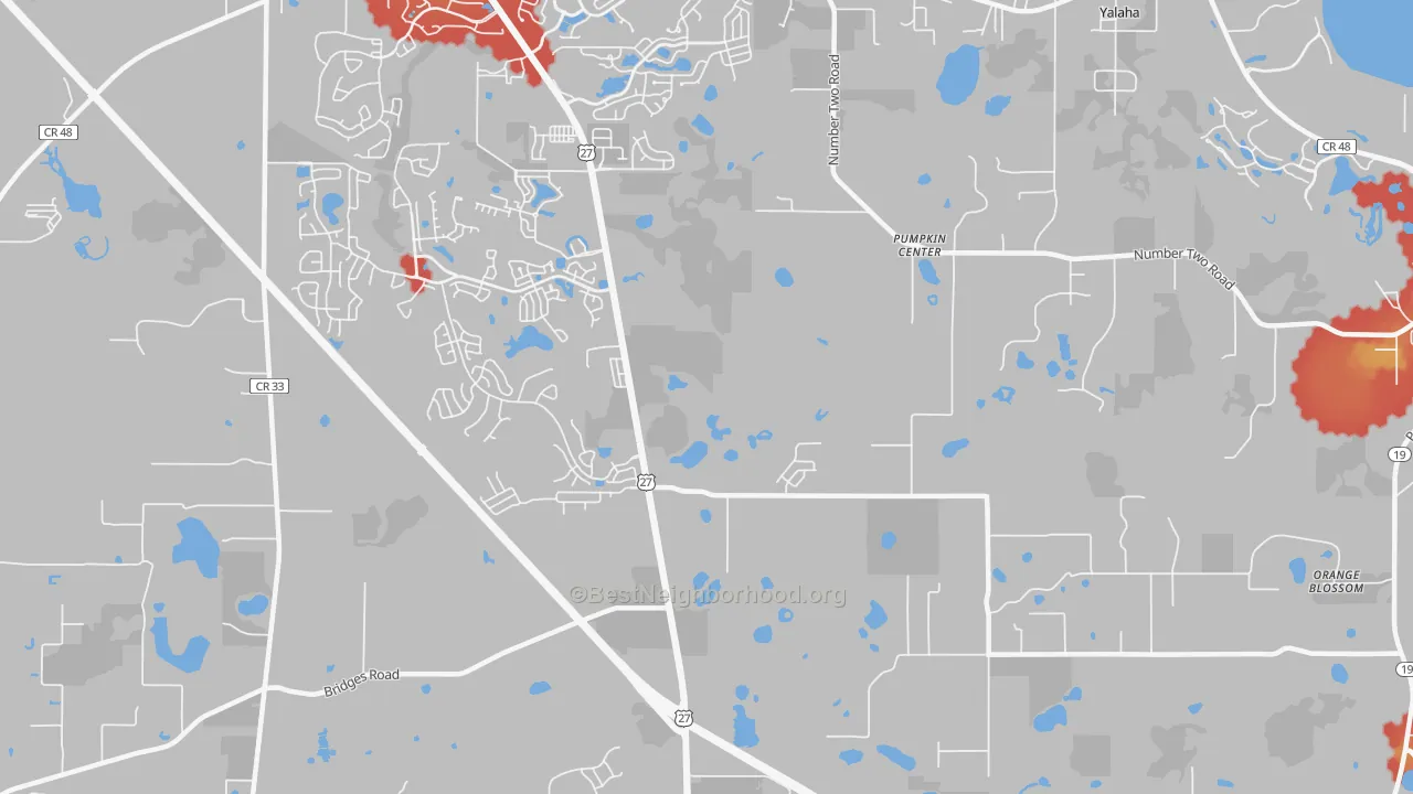 Walk Grade map of Pumpkin Center, FL, walkable areas in green and car-dependent areas in red