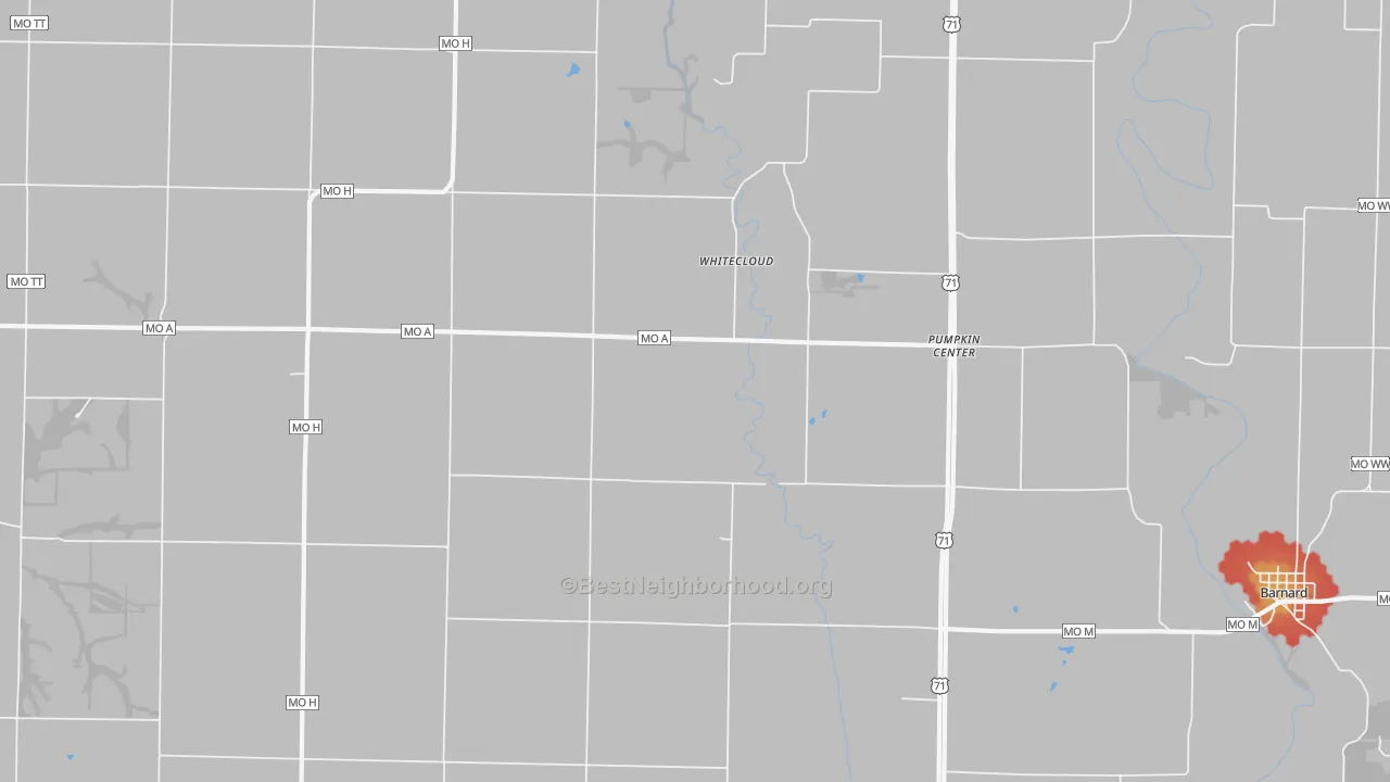 Walk Grade map of Pumpkin Center, MO, walkable areas in green and car-dependent areas in red