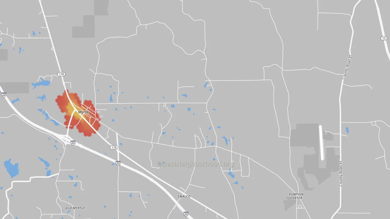 Walk Grade map of Pumpkin Center, MS, walkable areas in green and car-dependent areas in red