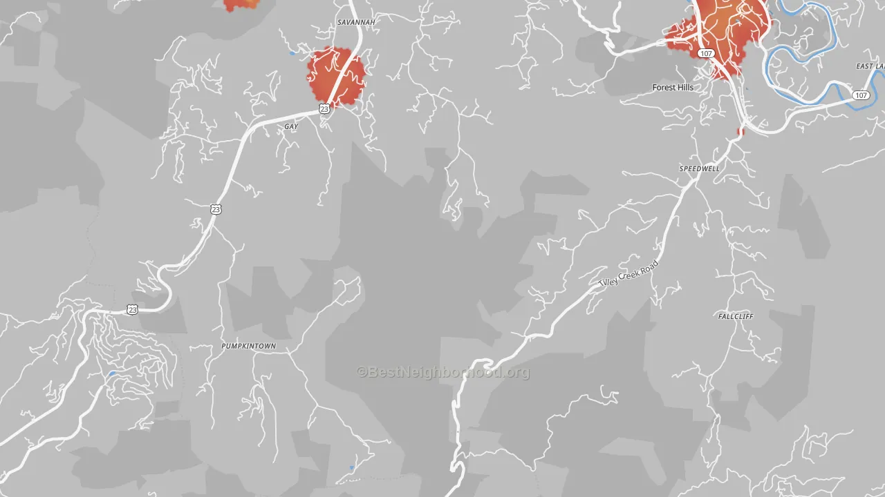 Walk Grade map of Pumpkintown, NC, walkable areas in green and car-dependent areas in red