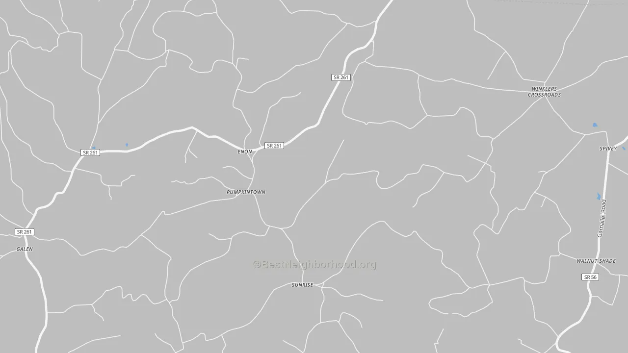 Walk Grade map of Pumpkintown, TN, walkable areas in green and car-dependent areas in red