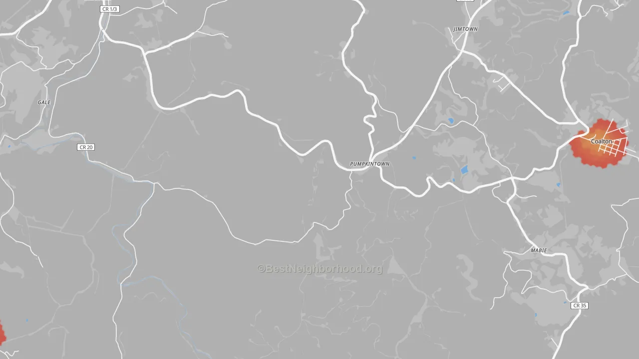 Walk Grade map of Pumpkintown, WV, walkable areas in green and car-dependent areas in red