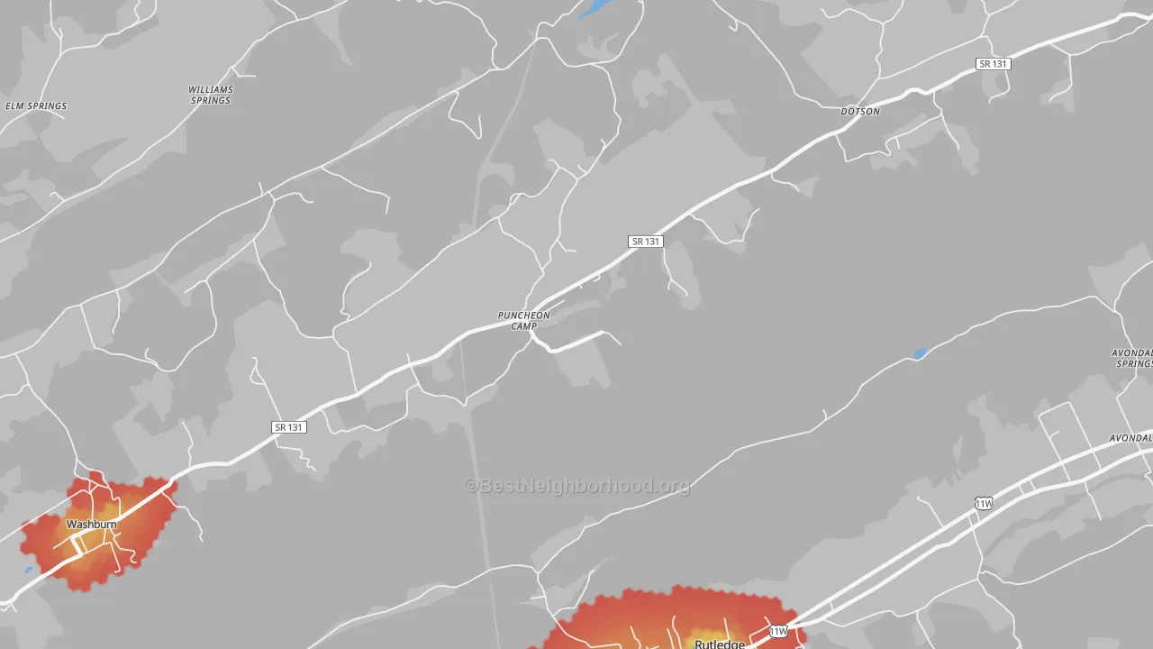 Walk Grade map of Puncheon Camp, TN, walkable areas in green and car-dependent areas in red