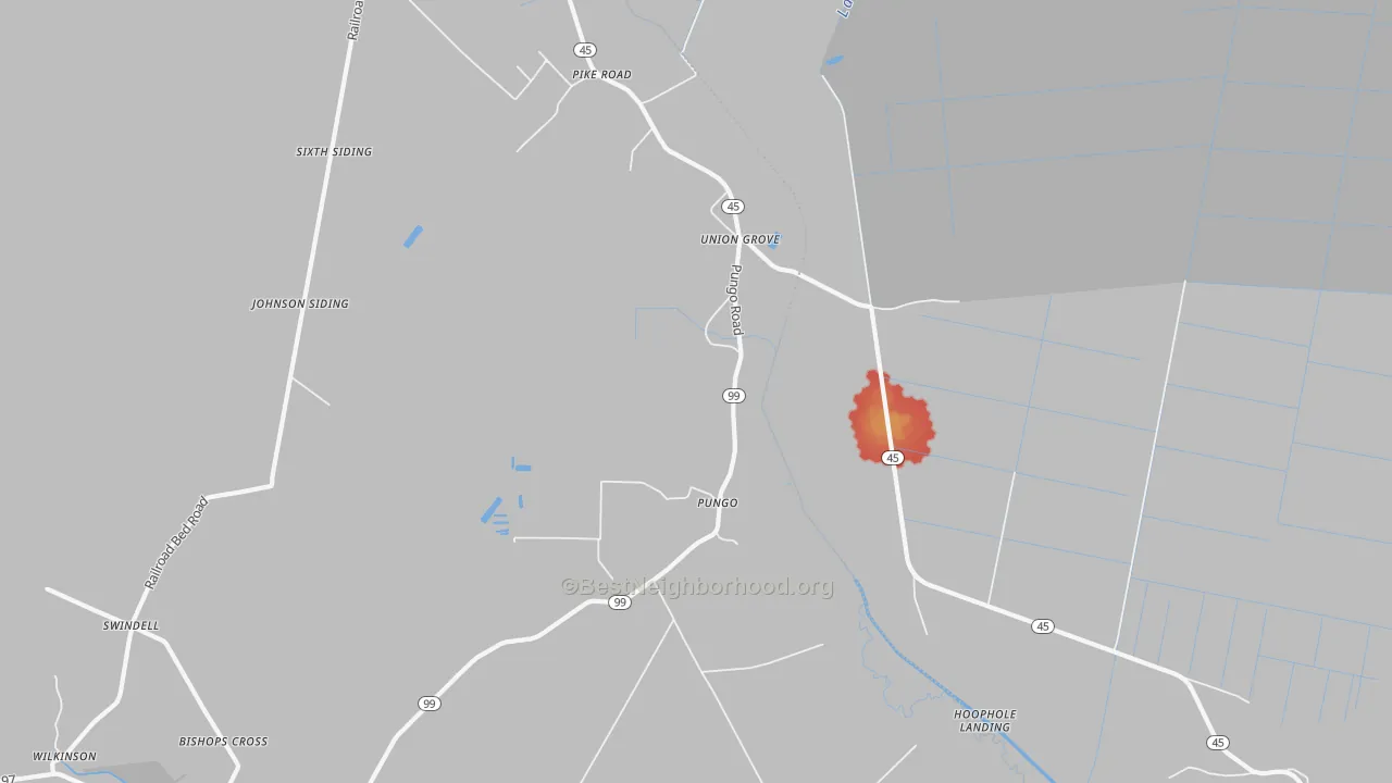 Walk Grade map of Pungo, NC, walkable areas in green and car-dependent areas in red