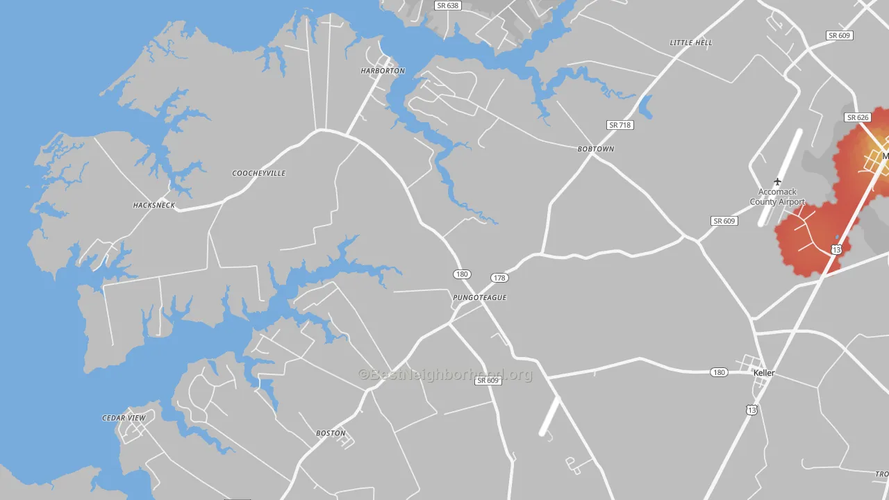 Walk Grade map of Pungoteague, VA, walkable areas in green and car-dependent areas in red