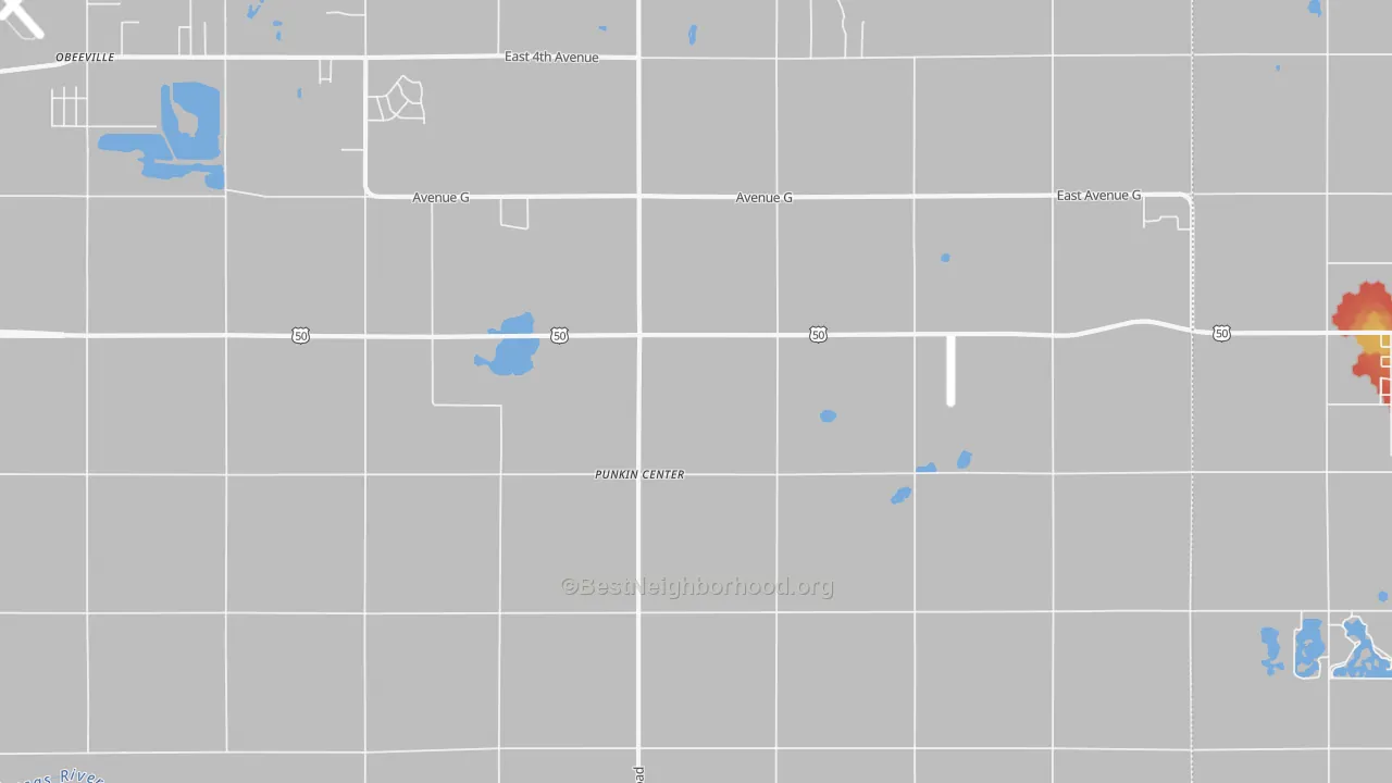 Walk Grade map of Punkin Center, KS, walkable areas in green and car-dependent areas in red