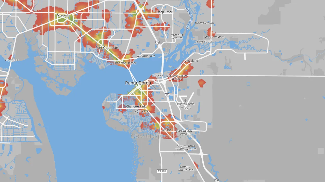 Walk Grade map of Punta Gorda, FL, walkable areas in green and car-dependent areas in red