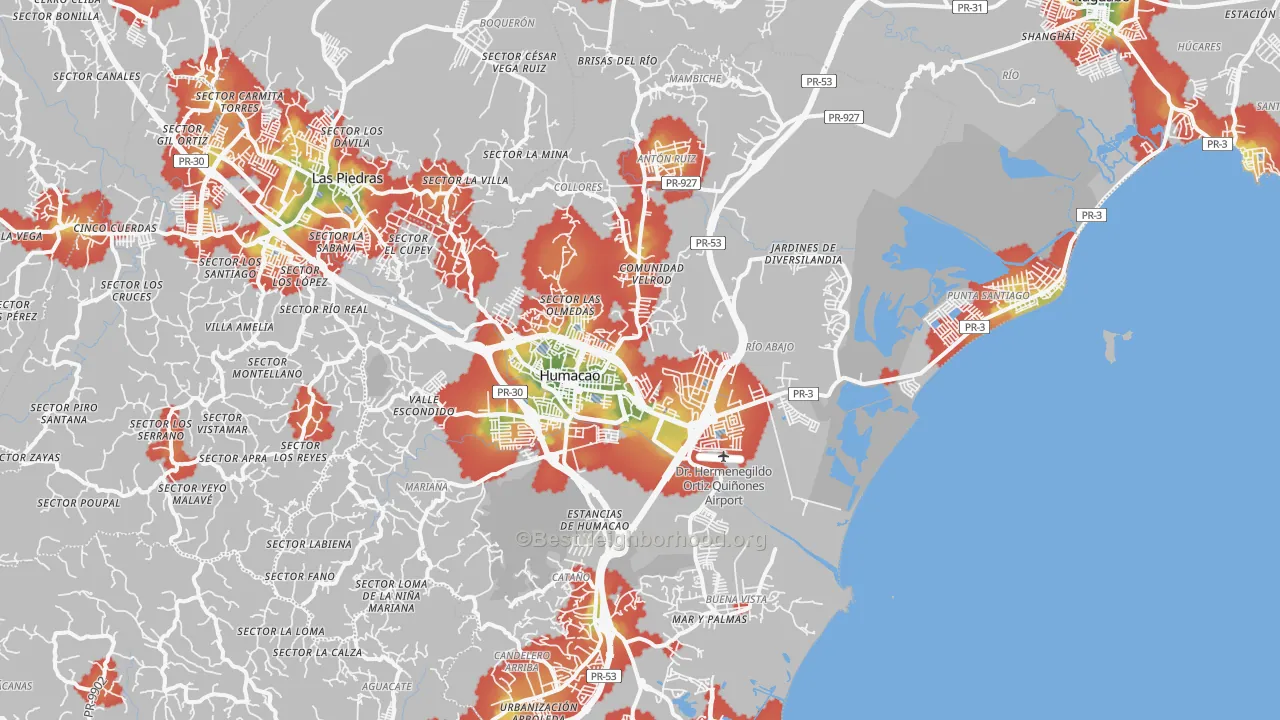 Walk Grade map of Punta Santiago, PR, walkable areas in green and car-dependent areas in red