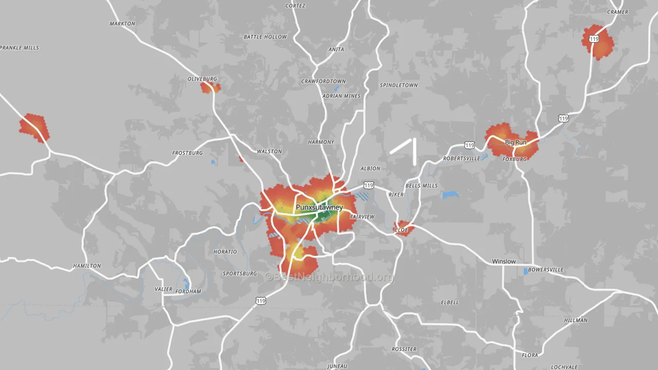 Walk Grade map of Punxsutawney, PA, walkable areas in green and car-dependent areas in red