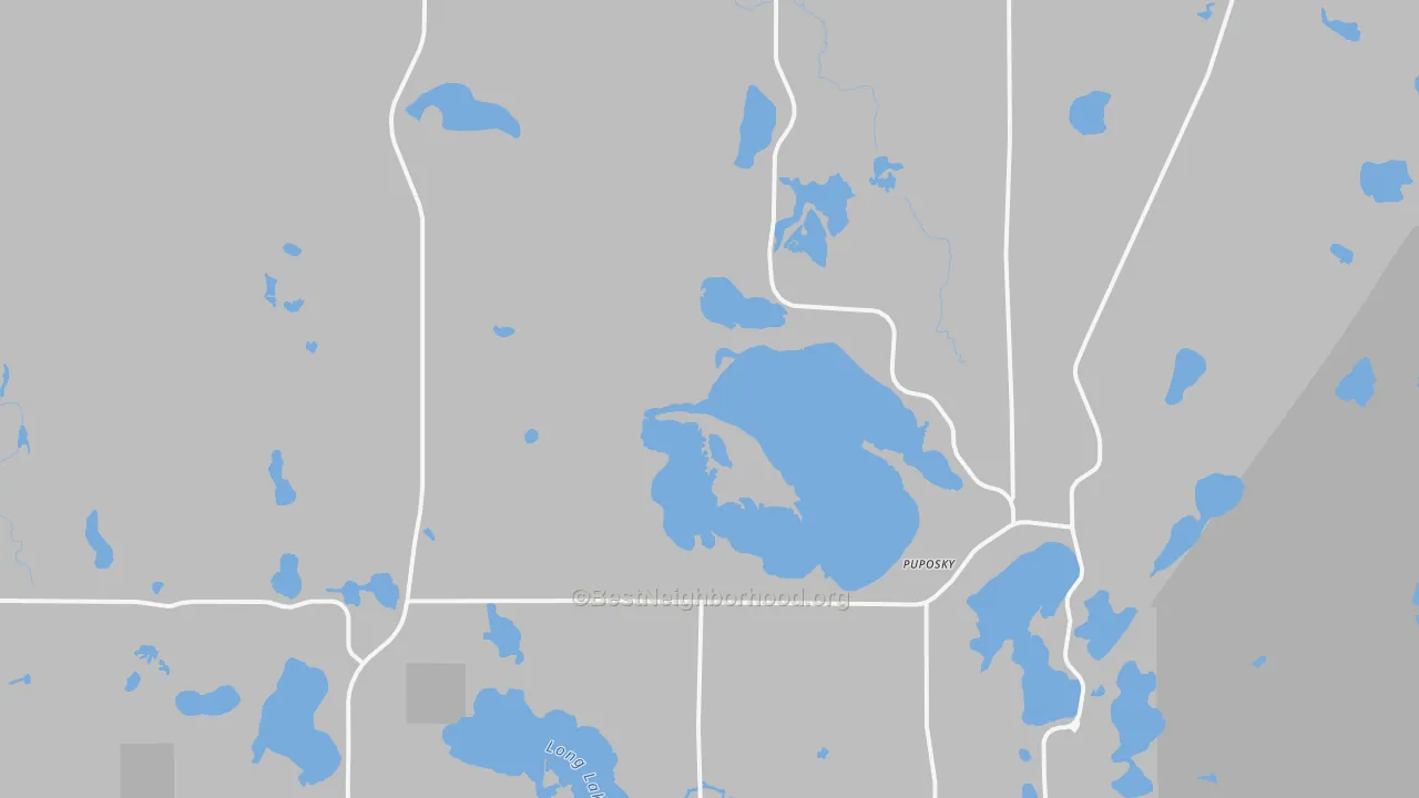 Walk Grade map of Puposky, MN, walkable areas in green and car-dependent areas in red