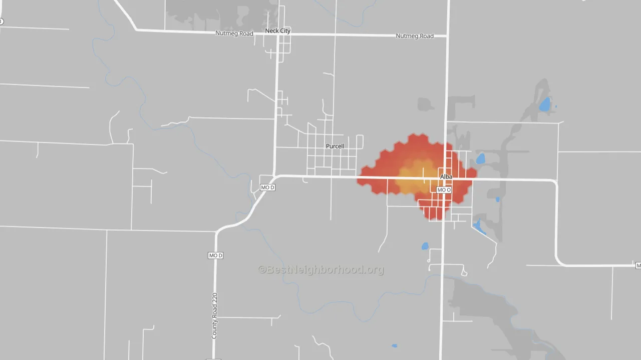 Walk Grade map of Purcell, MO, walkable areas in green and car-dependent areas in red