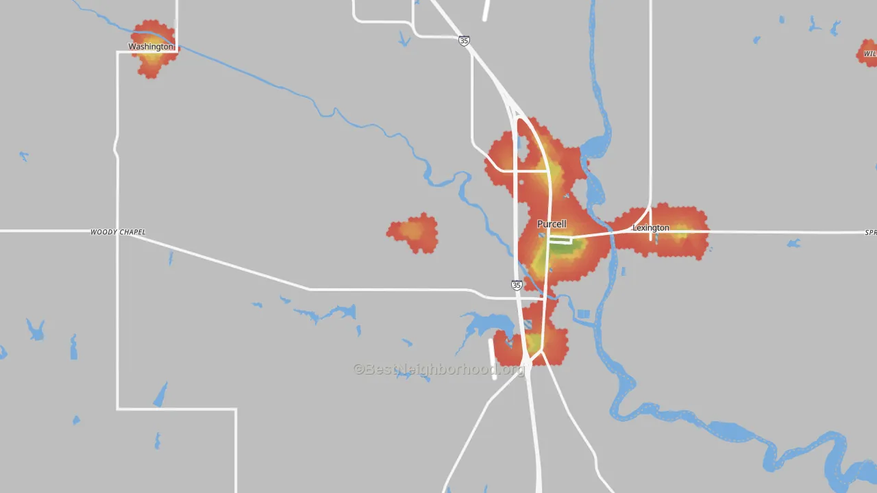 Walk Grade map of Purcell, OK, walkable areas in green and car-dependent areas in red