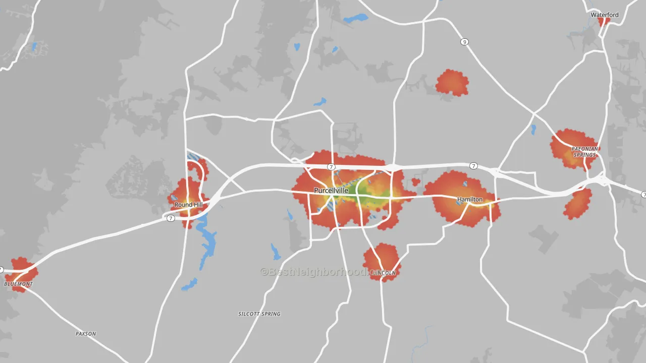 Walk Grade map of Purcellville, VA, walkable areas in green and car-dependent areas in red