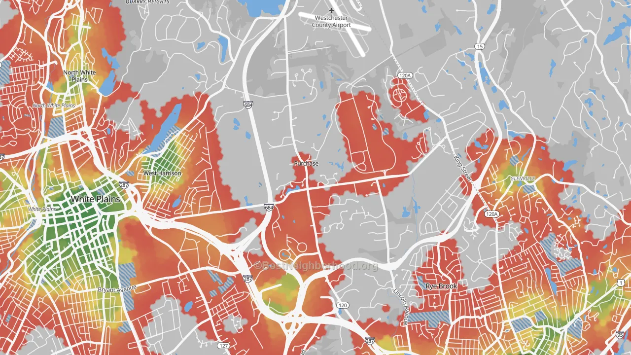 Walk Grade map of Purchase, NY, walkable areas in green and car-dependent areas in red