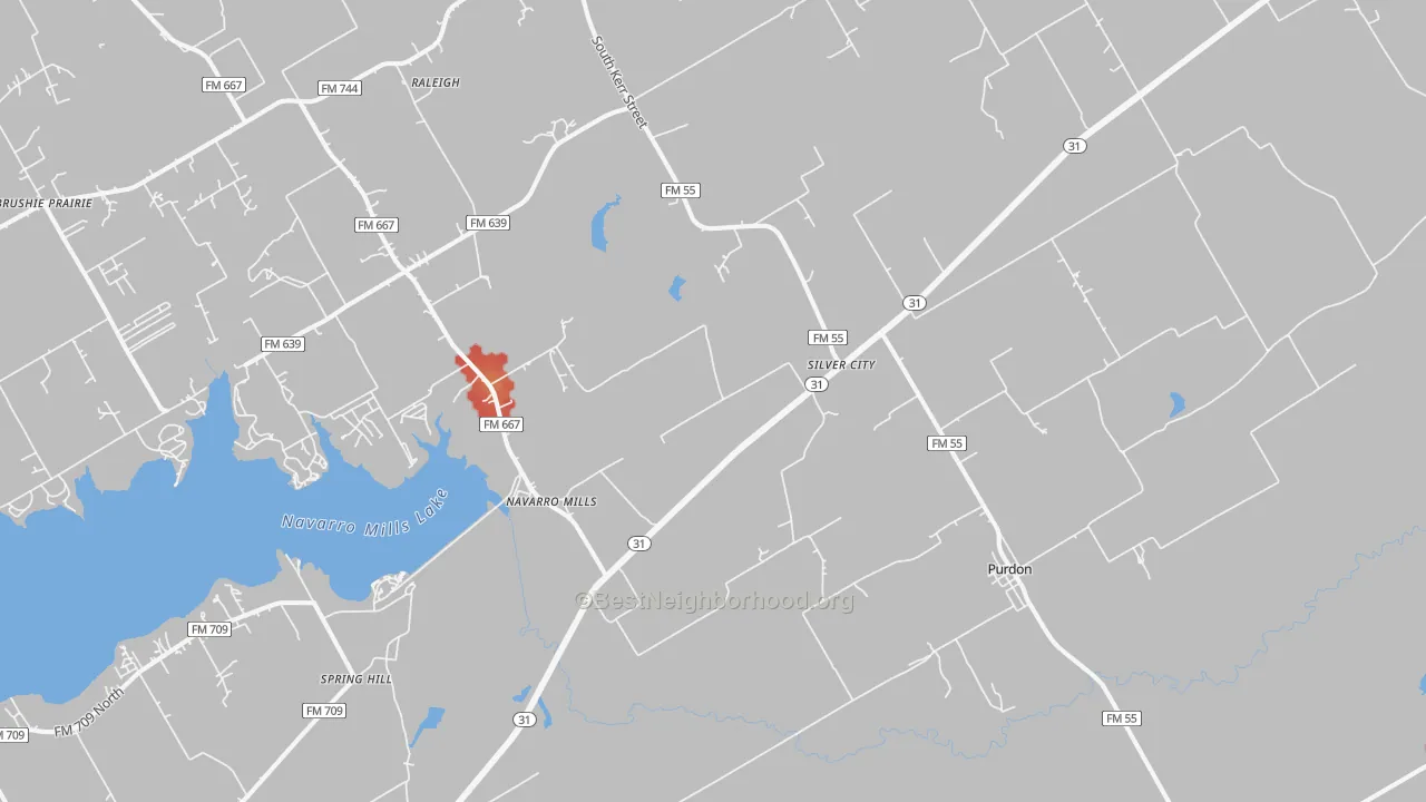 Walk Grade map of Purdon, TX, walkable areas in green and car-dependent areas in red