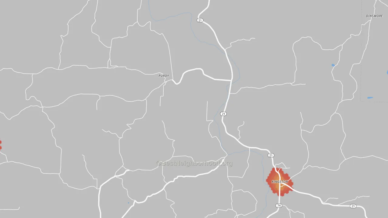 Walk Grade map of Purdy, AR, walkable areas in green and car-dependent areas in red