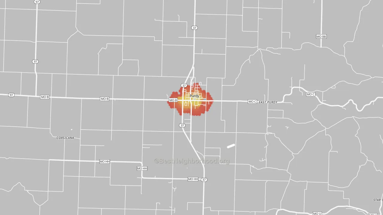 Walk Grade map of Purdy, MO, walkable areas in green and car-dependent areas in red